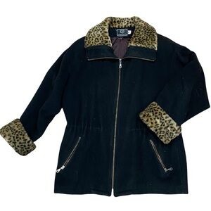 Carolina Herrera CH fleece jacket with leopard print trim draw string waist